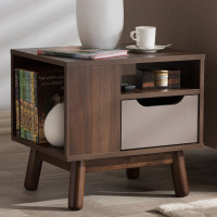 Baxton Studio ST 2847-00-Brown/Grey-NS Britta Mid-Century Modern Walnut Brown and Grey Two-Tone Finished Wood Nightstand